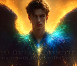 Stunning AI-generated male angel art — handsome heavenly warriors with enormous shimmering wings descending from the celestial realm. Heaven's Warriors Collection by Jeff Dupler.