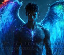 Stunning AI-generated male angel art — handsome heavenly warriors with enormous shimmering wings descending from the celestial realm. Heaven's Warriors Collection by Jeff Dupler.