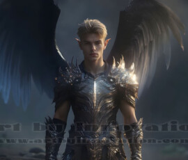 Stunning AI-generated male angel art — handsome heavenly warriors with enormous shimmering wings descending from the celestial realm. Heaven's Warriors Collection by Jeff Dupler.