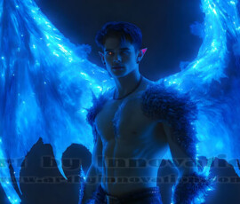 Stunning AI-generated male angel art — handsome heavenly warriors with enormous shimmering wings descending from the celestial realm. Heaven's Warriors Collection by Jeff Dupler.