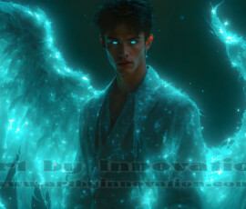 Stunning AI-generated male angel art — handsome heavenly warriors with enormous shimmering wings descending from the celestial realm. Heaven's Warriors Collection by Jeff Dupler.