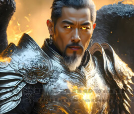Stunning AI-generated male angel art — handsome heavenly warriors with enormous shimmering wings descending from the celestial realm. Heaven's Warriors Collection by Jeff Dupler.