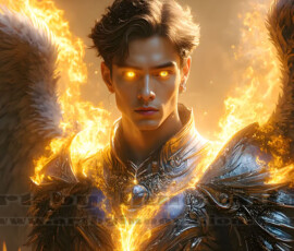 Stunning AI-generated male angel art — handsome heavenly warriors with enormous shimmering wings descending from the celestial realm. Heaven's Warriors Collection by Jeff Dupler.