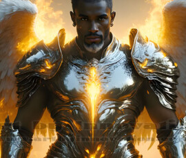 Stunning AI-generated male angel art — handsome heavenly warriors with enormous shimmering wings descending from the celestial realm. Heaven's Warriors Collection by Jeff Dupler.