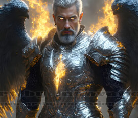 Stunning AI-generated male angel art — handsome heavenly warriors with enormous shimmering wings descending from the celestial realm. Heaven's Warriors Collection by Jeff Dupler.