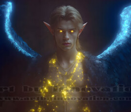 Stunning AI-generated male angel art — handsome heavenly warriors with enormous shimmering wings descending from the celestial realm. Heaven's Warriors Collection by Jeff Dupler.