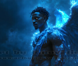 Stunning AI-generated male angel art — handsome heavenly warriors with enormous shimmering wings descending from the celestial realm. Heaven's Warriors Collection by Jeff Dupler.
