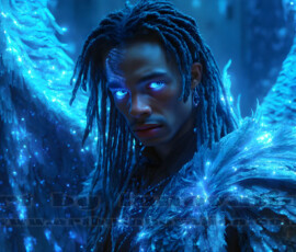Stunning AI-generated male angel art — handsome heavenly warriors with enormous shimmering wings descending from the celestial realm. Heaven's Warriors Collection by Jeff Dupler.