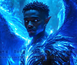 Stunning AI-generated male angel art — handsome heavenly warriors with enormous shimmering wings descending from the celestial realm. Heaven's Warriors Collection by Jeff Dupler.