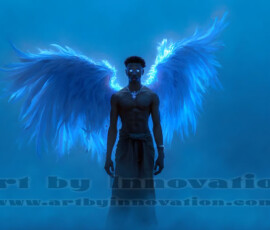 Stunning AI-generated male angel art — handsome heavenly warriors with enormous shimmering wings descending from the celestial realm. Heaven's Warriors Collection by Jeff Dupler.