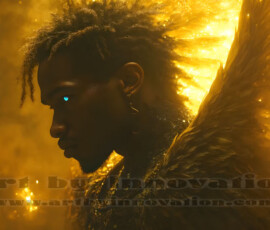 Stunning AI-generated male angel art — handsome heavenly warriors with enormous shimmering wings descending from the celestial realm. Heaven's Warriors Collection by Jeff Dupler.