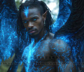 Stunning AI-generated male angel art — handsome heavenly warriors with enormous shimmering wings descending from the celestial realm. Heaven's Warriors Collection by Jeff Dupler.