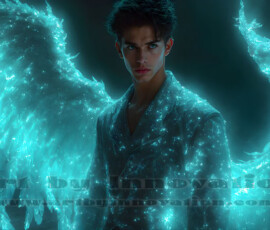 Stunning AI-generated male angel art — handsome heavenly warriors with enormous shimmering wings descending from the celestial realm. Heaven's Warriors Collection by Jeff Dupler.
