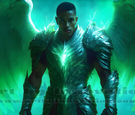 Stunning AI-generated male angel art — handsome heavenly warriors with enormous shimmering wings descending from the celestial realm. Heaven's Warriors Collection by Jeff Dupler.