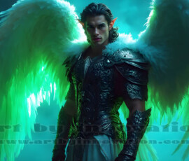 Stunning AI-generated male angel art — handsome heavenly warriors with enormous shimmering wings descending from the celestial realm. Heaven's Warriors Collection by Jeff Dupler.