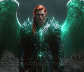 Stunning AI-generated male angel art — handsome heavenly warriors with enormous shimmering wings descending from the celestial realm. Heaven's Warriors Collection by Jeff Dupler.