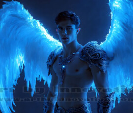 Stunning AI-generated male angel art — handsome heavenly warriors with enormous shimmering wings descending from the celestial realm. Heaven's Warriors Collection by Jeff Dupler.