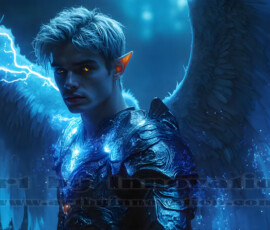 Stunning AI-generated male angel art — handsome heavenly warriors with enormous shimmering wings descending from the celestial realm. Heaven's Warriors Collection by Jeff Dupler.