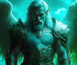 Stunning AI-generated male angel art — handsome heavenly warriors with enormous shimmering wings descending from the celestial realm. Heaven's Warriors Collection by Jeff Dupler.