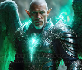 Stunning AI-generated male angel art — handsome heavenly warriors with enormous shimmering wings descending from the celestial realm. Heaven's Warriors Collection by Jeff Dupler.