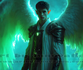 Stunning AI-generated male angel art — handsome heavenly warriors with enormous shimmering wings descending from the celestial realm. Heaven's Warriors Collection by Jeff Dupler.