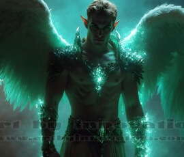 Stunning AI-generated male angel art — handsome heavenly warriors with enormous shimmering wings descending from the celestial realm. Heaven's Warriors Collection by Jeff Dupler.