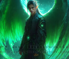 Stunning AI-generated male angel art — handsome heavenly warriors with enormous shimmering wings descending from the celestial realm. Heaven's Warriors Collection by Jeff Dupler.
