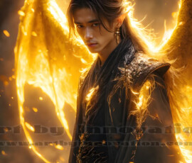 Stunning AI-generated male angel art — handsome heavenly warriors with enormous shimmering wings descending from the celestial realm. Heaven's Warriors Collection by Jeff Dupler.