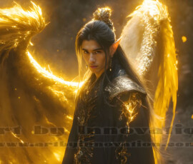 Stunning AI-generated male angel art — handsome heavenly warriors with enormous shimmering wings descending from the celestial realm. Heaven's Warriors Collection by Jeff Dupler.
