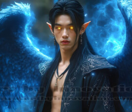 Stunning AI-generated male angel art — handsome heavenly warriors with enormous shimmering wings descending from the celestial realm. Heaven's Warriors Collection by Jeff Dupler.