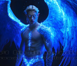 Stunning AI-generated male angel art — handsome heavenly warriors with enormous shimmering wings descending from the celestial realm. Heaven's Warriors Collection by Jeff Dupler.