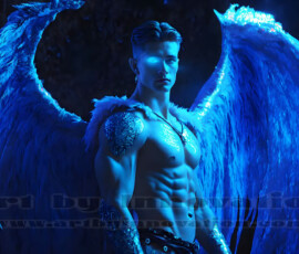 Stunning AI-generated male angel art — handsome heavenly warriors with enormous shimmering wings descending from the celestial realm. Heaven's Warriors Collection by Jeff Dupler.