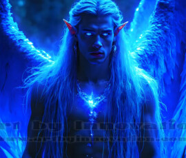 Stunning AI-generated male angel art — handsome heavenly warriors with enormous shimmering wings descending from the celestial realm. Heaven's Warriors Collection by Jeff Dupler.
