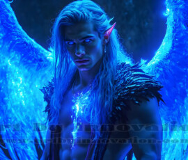 Stunning AI-generated male angel art — handsome heavenly warriors with enormous shimmering wings descending from the celestial realm. Heaven's Warriors Collection by Jeff Dupler.