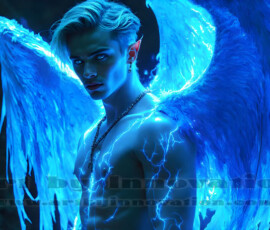 Stunning AI-generated male angel art — handsome heavenly warriors with enormous shimmering wings descending from the celestial realm. Heaven's Warriors Collection by Jeff Dupler.