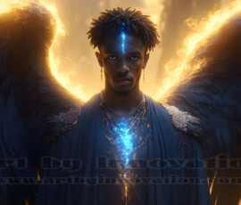 Stunning AI-generated male angel art — handsome heavenly warriors with enormous shimmering wings descending from the celestial realm. Heaven's Warriors Collection by Jeff Dupler.