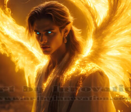 Stunning AI-generated male angel art — handsome heavenly warriors with enormous shimmering wings descending from the celestial realm. Heaven's Warriors Collection by Jeff Dupler.