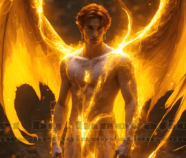 Stunning AI-generated male angel art — handsome heavenly warriors with enormous shimmering wings descending from the celestial realm. Heaven's Warriors Collection by Jeff Dupler.