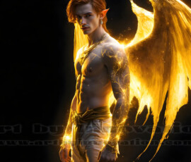 Stunning AI-generated male angel art — handsome heavenly warriors with enormous shimmering wings descending from the celestial realm. Heaven's Warriors Collection by Jeff Dupler.