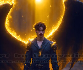 Stunning AI-generated male angel art — handsome heavenly warriors with enormous shimmering wings descending from the celestial realm. Heaven's Warriors Collection by Jeff Dupler.