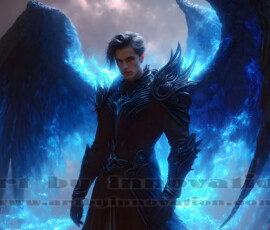 Stunning AI-generated male angel art — handsome heavenly warriors with enormous shimmering wings descending from the celestial realm. Heaven's Warriors Collection by Jeff Dupler.