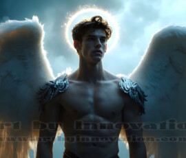 Stunning AI-generated male angel art — handsome heavenly warriors with enormous shimmering wings descending from the celestial realm. Heaven's Warriors Collection by Jeff Dupler.