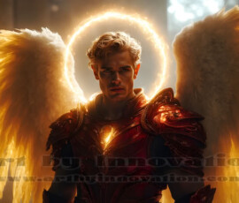 Stunning AI-generated male angel art — handsome heavenly warriors with enormous shimmering wings descending from the celestial realm. Heaven's Warriors Collection by Jeff Dupler.