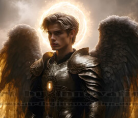 Stunning AI-generated male angel art — handsome heavenly warriors with enormous shimmering wings descending from the celestial realm. Heaven's Warriors Collection by Jeff Dupler.
