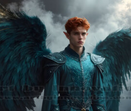 Stunning AI-generated male angel art — handsome heavenly warriors with enormous shimmering wings descending from the celestial realm. Heaven's Warriors Collection by Jeff Dupler.
