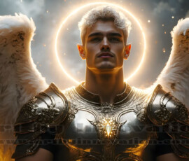 Stunning AI-generated male angel art — handsome heavenly warriors with enormous shimmering wings descending from the celestial realm. Heaven's Warriors Collection by Jeff Dupler.