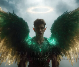 Stunning AI-generated male angel art — handsome heavenly warriors with enormous shimmering wings descending from the celestial realm. Heaven's Warriors Collection by Jeff Dupler.