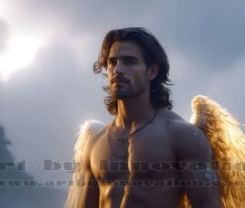 Stunning AI-generated male angel art — handsome heavenly warriors with enormous shimmering wings descending from the celestial realm. Heaven's Warriors Collection by Jeff Dupler.