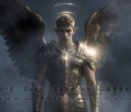 Stunning AI-generated male angel art — handsome heavenly warriors with enormous shimmering wings descending from the celestial realm. Heaven's Warriors Collection by Jeff Dupler.