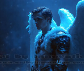 Stunning AI-generated male angel art — handsome heavenly warriors with enormous shimmering wings descending from the celestial realm. Heaven's Warriors Collection by Jeff Dupler.